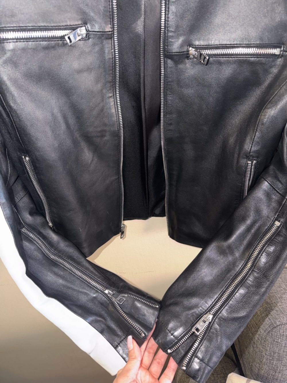 Wilsons Leather Black Leather Jacket with White Sleeve Stripes - Picture 7 of 10
